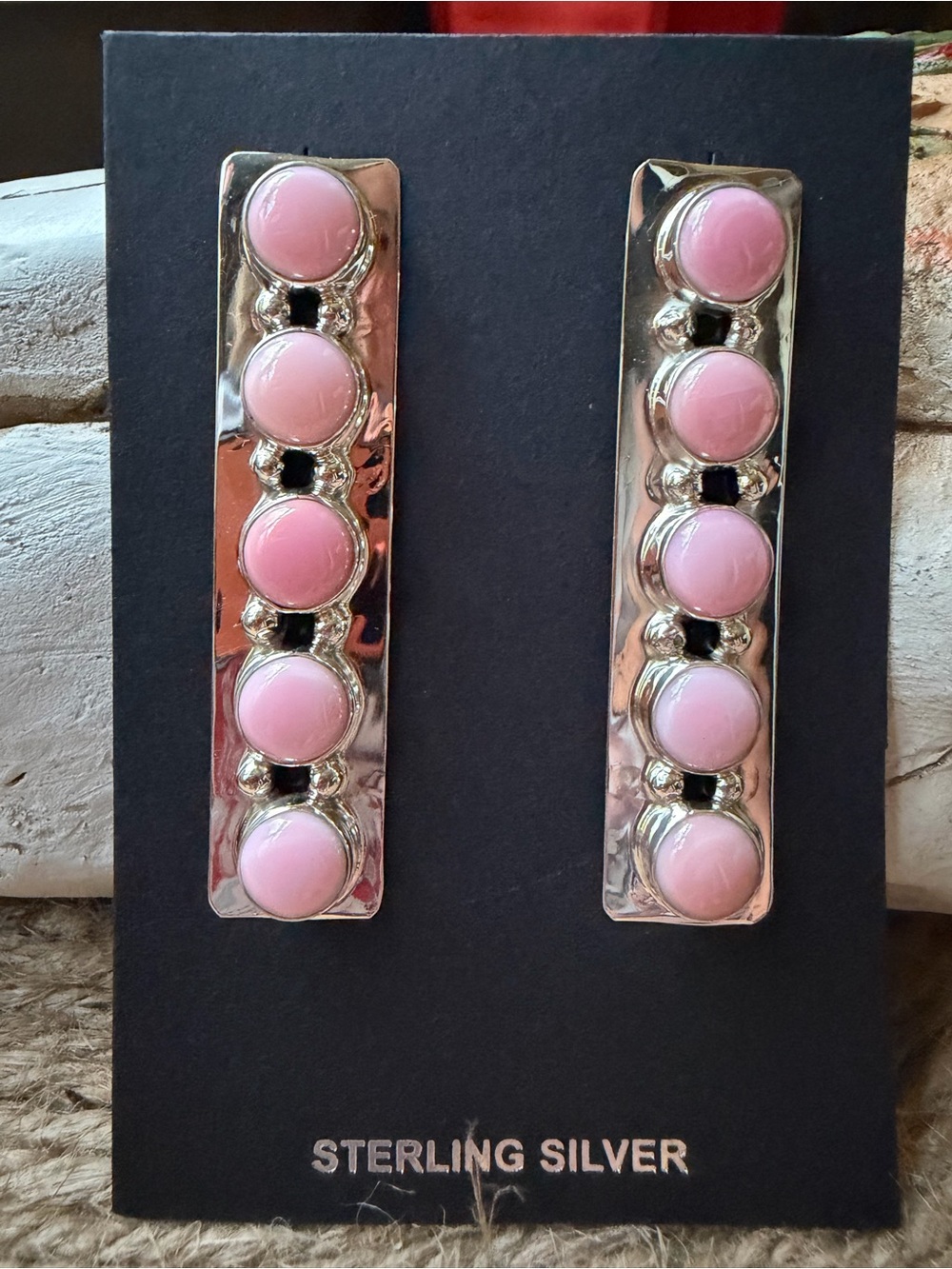 Jody Tsosie Navajo Pink Conch Cabochon Linear Earrings - Picture 1 of 4